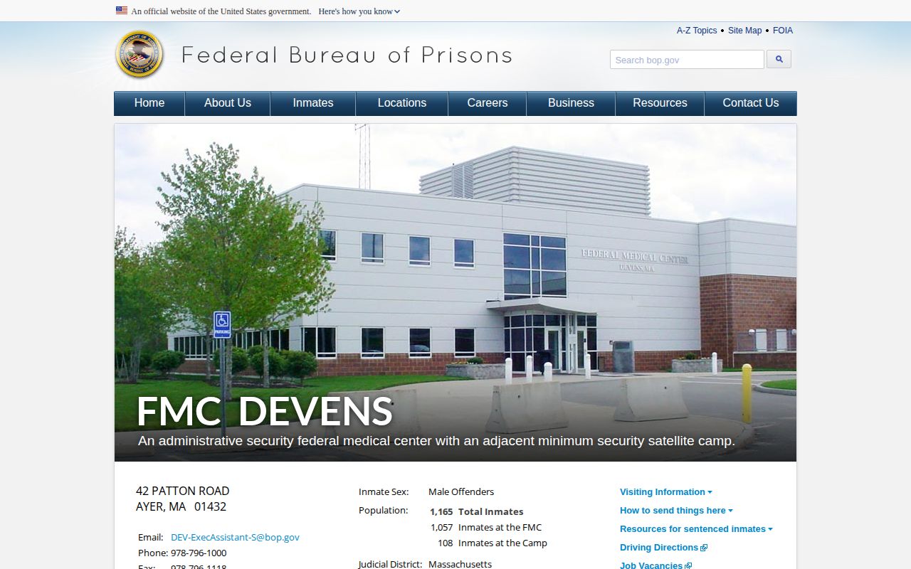 Official Federal Bureau of Prisons page for FMC Devens