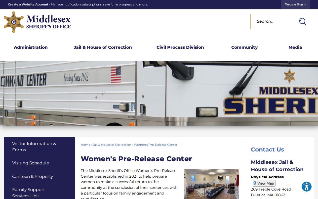 Official Middlesex Sheriff's Office Women's Pre-Release Center webpage