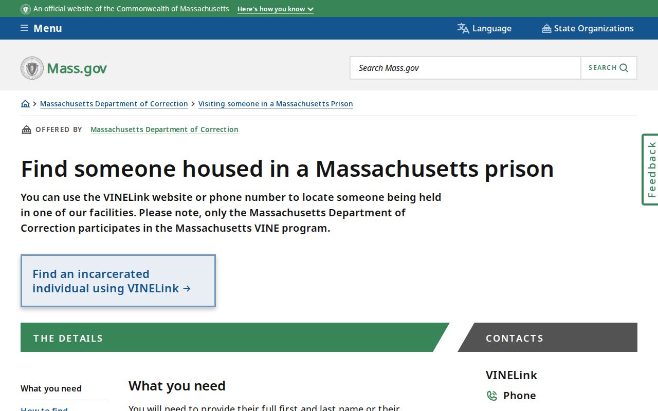 Massachusetts DOC current custody route for Middlesex County release verification