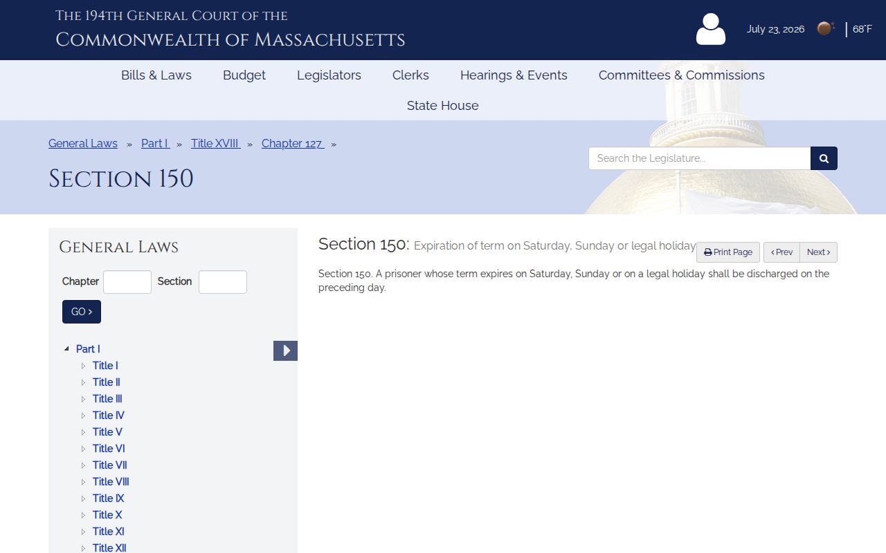 Massachusetts weekend sentence expiration rule affecting Middlesex County releases