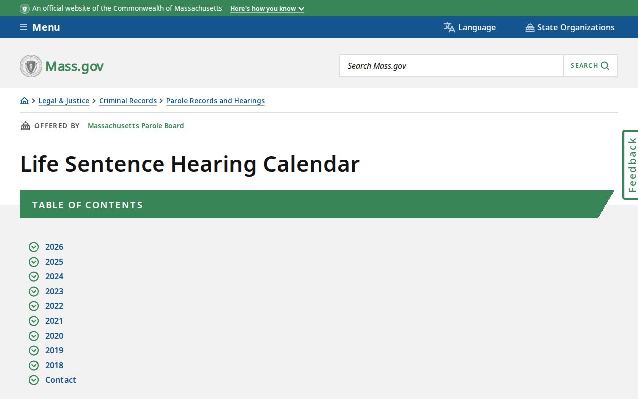 Middlesex County parole hearing monthly calendar access