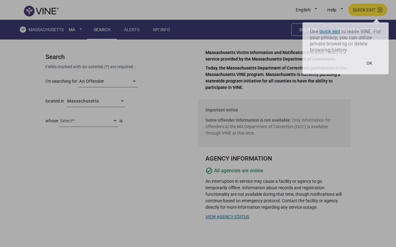 Massachusetts VINELink person search for a Middlesex County DOC inmate